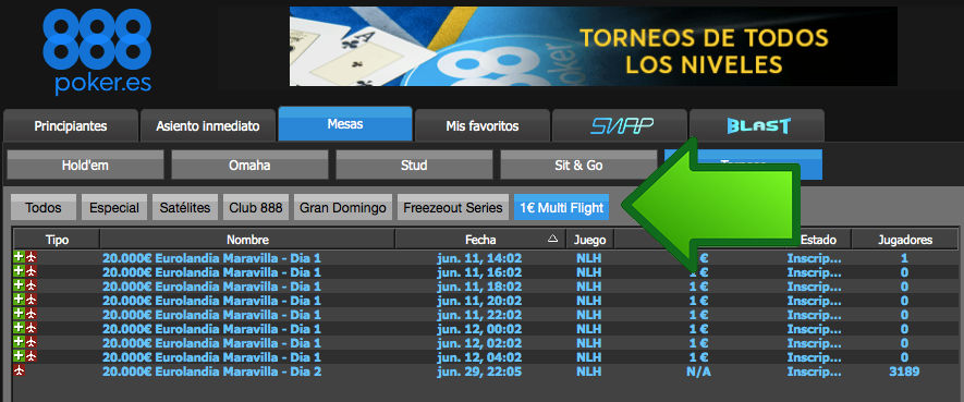 Torneos multifligh en el lobby de 888poker