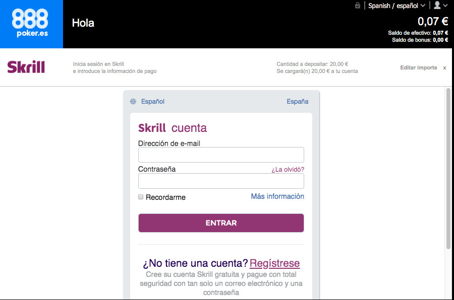 Skrill poker en el cajero de 888